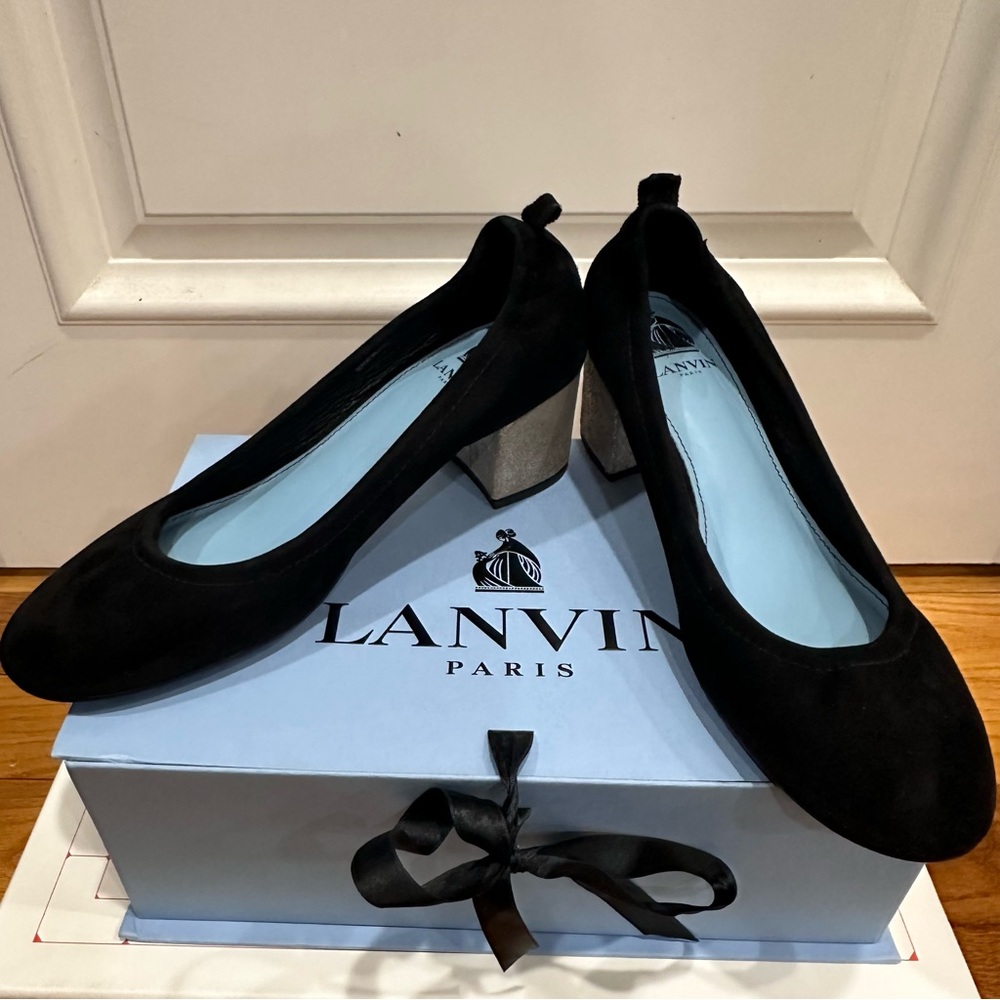 Lanvin women’s ballerina talon suede cube heels 👠 size 38.5